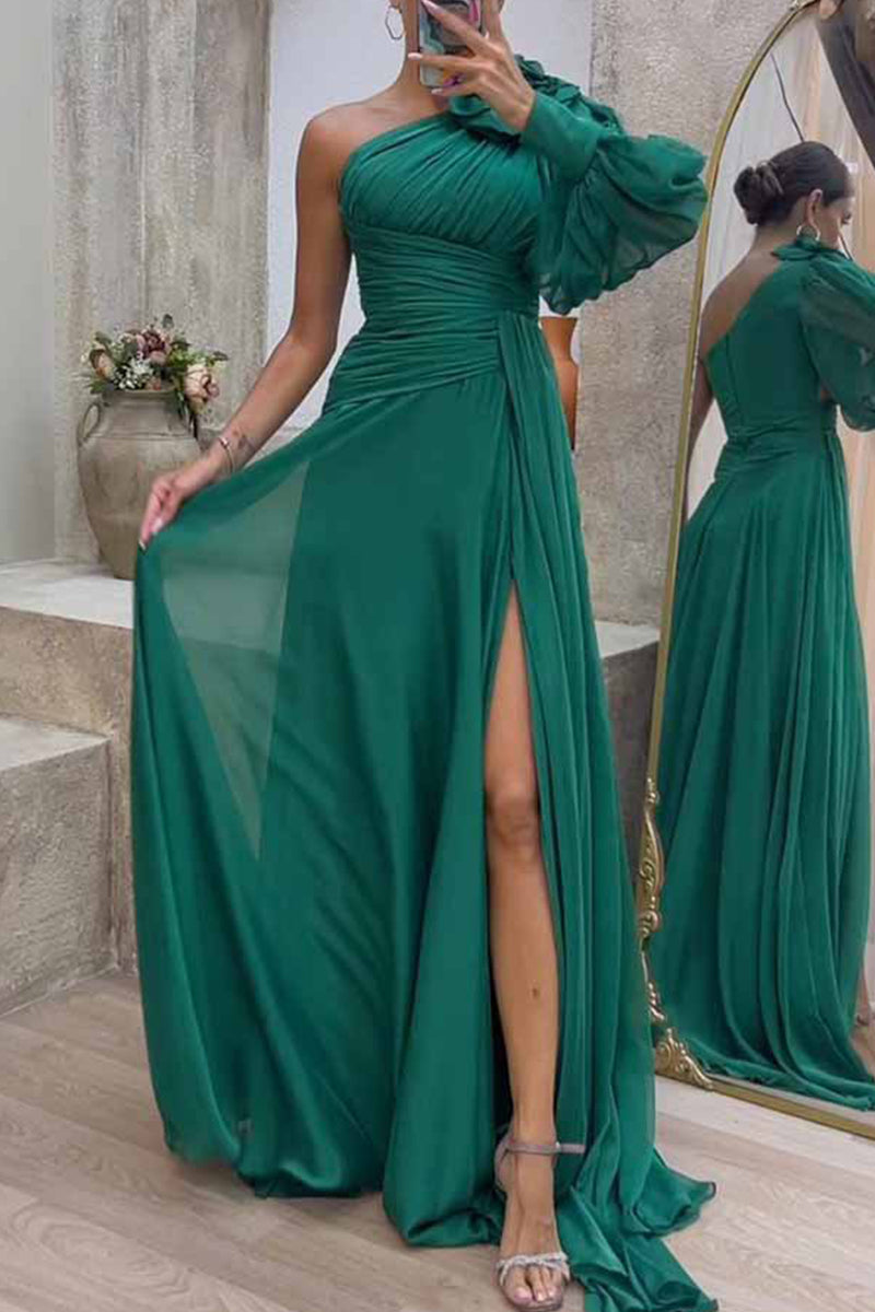 Elegant Solid Fold Oblique Collar Evening Dress Dresses - Fashionpara