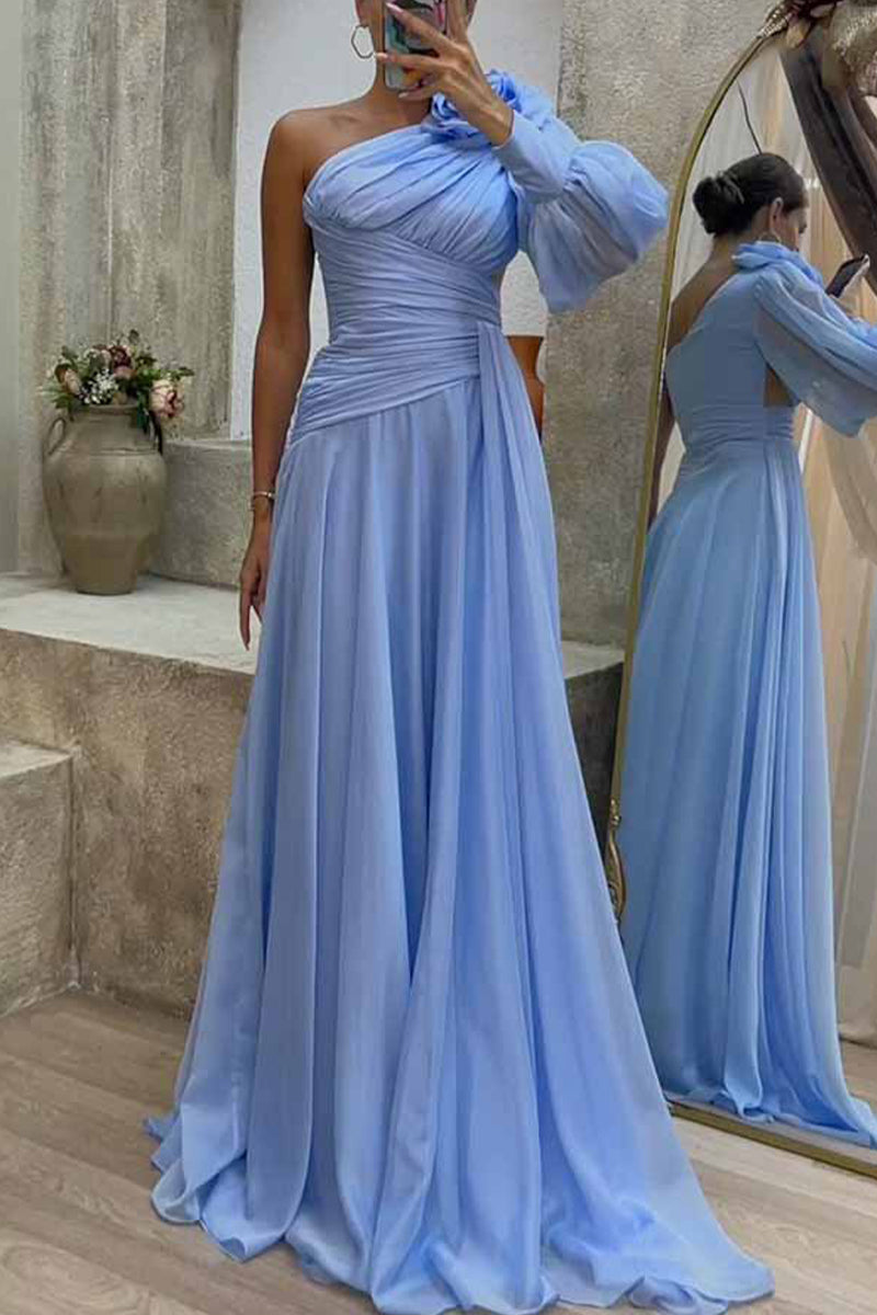 Elegant Solid Fold Oblique Collar Evening Dress Dresses - Fashionpara