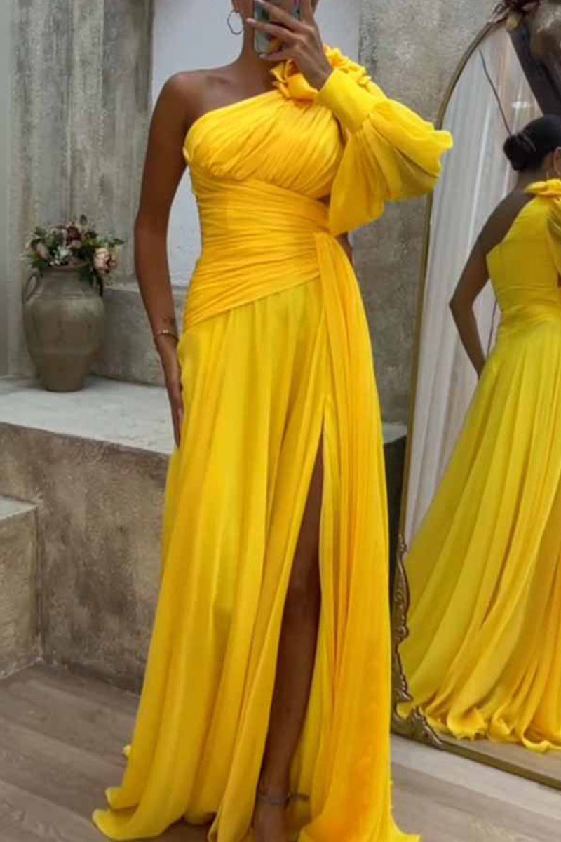 Elegant Solid Fold Oblique Collar Evening Dress Dresses - Fashionpara