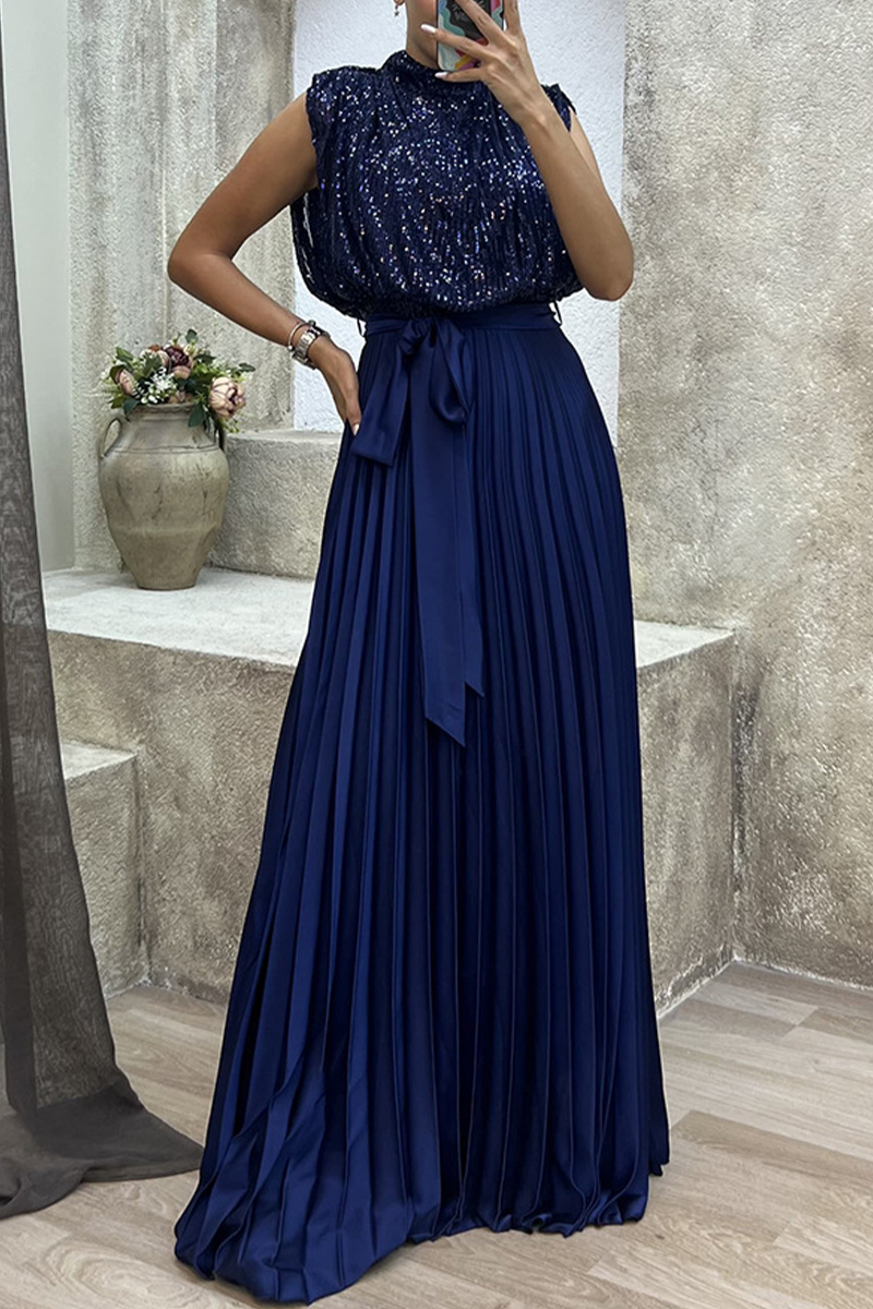 Elegant Solid Sequins Frenulum Fold Half A Turtleneck Evening Dress Dresses - Fashionpara