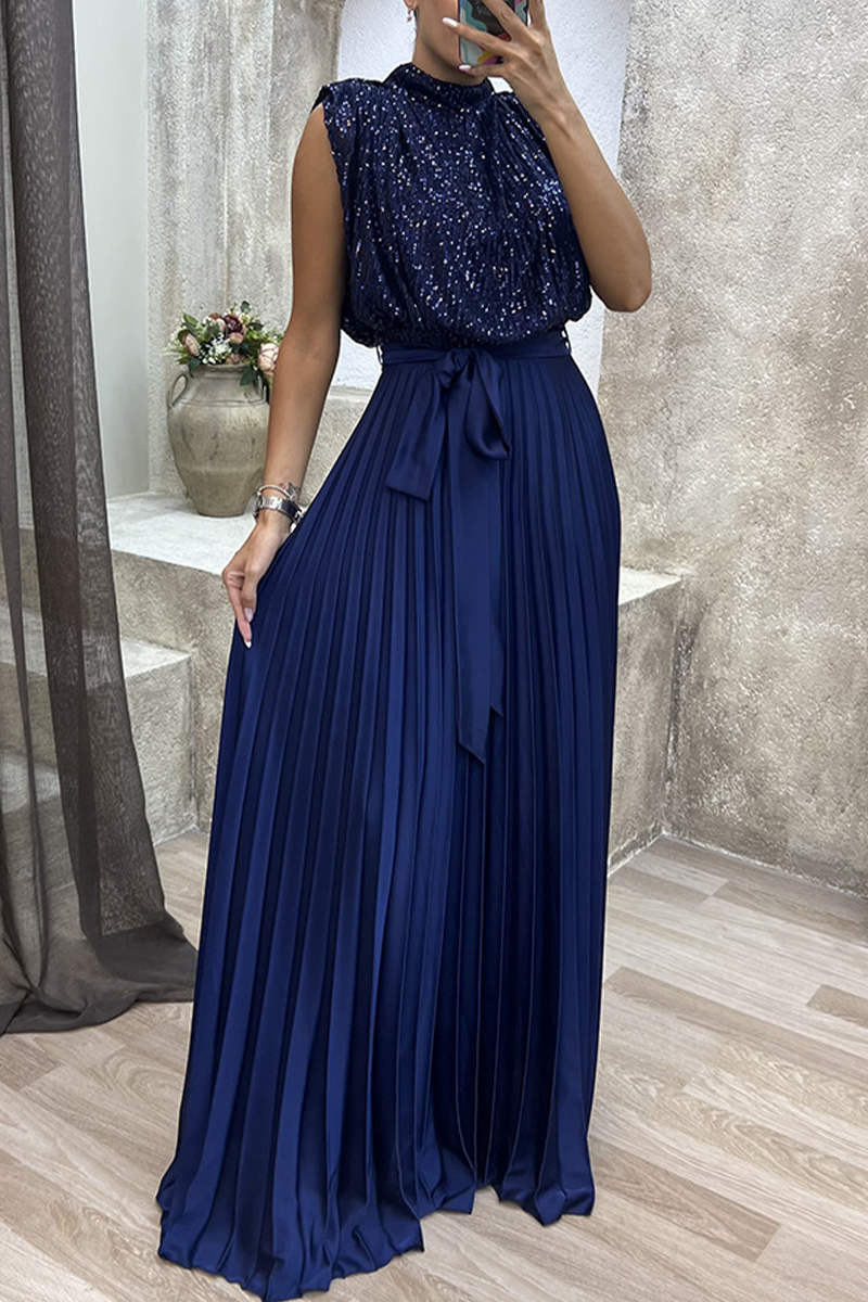 Elegant Solid Sequins Frenulum Fold Half A Turtleneck Evening Dress Dresses - Fashionpara