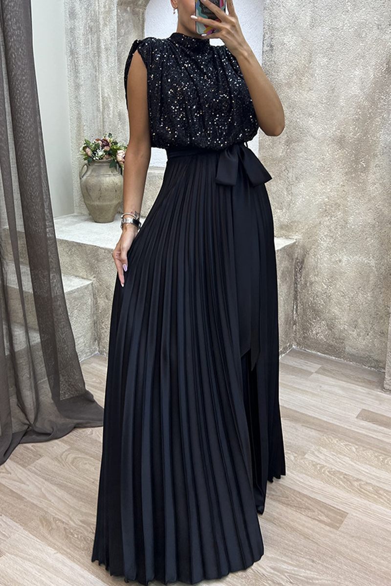 Elegant Solid Sequins Frenulum Fold Half A Turtleneck Evening Dress Dresses - Fashionpara