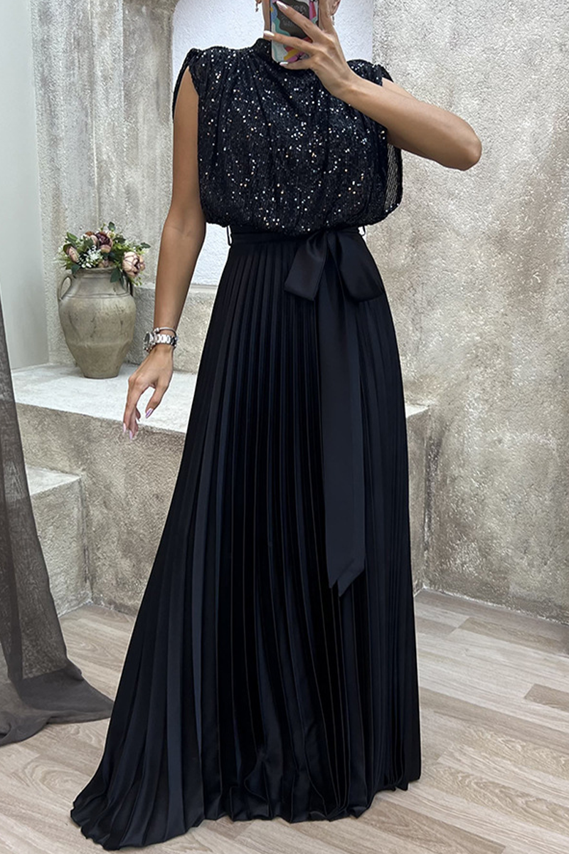 Elegant Solid Sequins Frenulum Fold Half A Turtleneck Evening Dress Dresses - Fashionpara