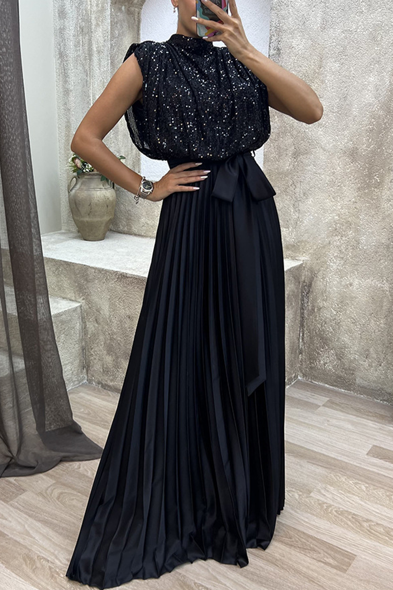 Elegant Solid Sequins Frenulum Fold Half A Turtleneck Evening Dress Dresses - Fashionpara