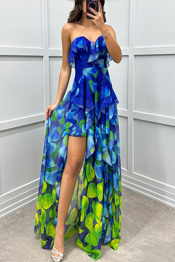 Loving Moment Gradient Unique Print Flowing Layered Ruffles Strapless Slit Maxi Dress - Fashionpara