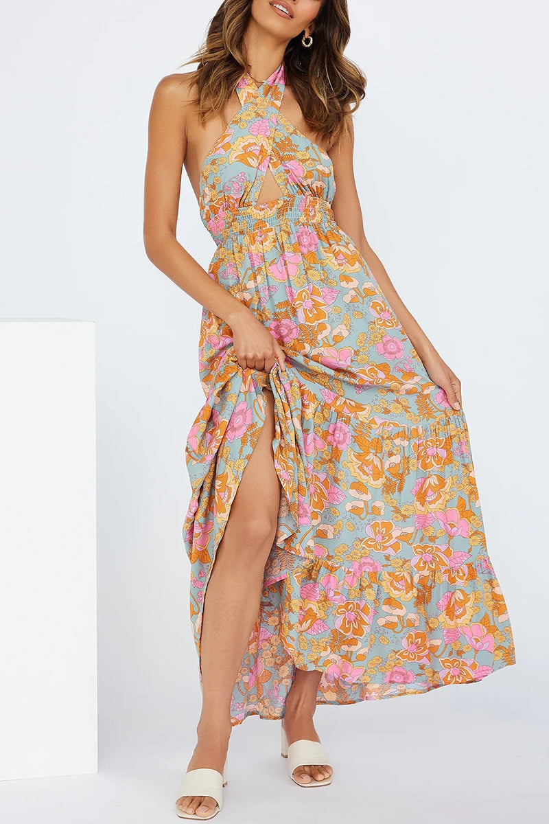 Sexy Vacation Floral Bandage Flounce With Bow Printed Dress Dresses