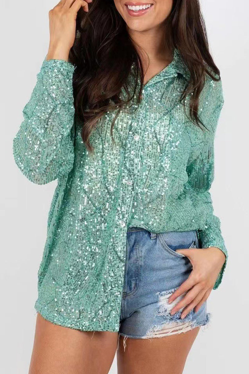 Casual Solid Sequins Turndown Collar Tops - Fashionpara