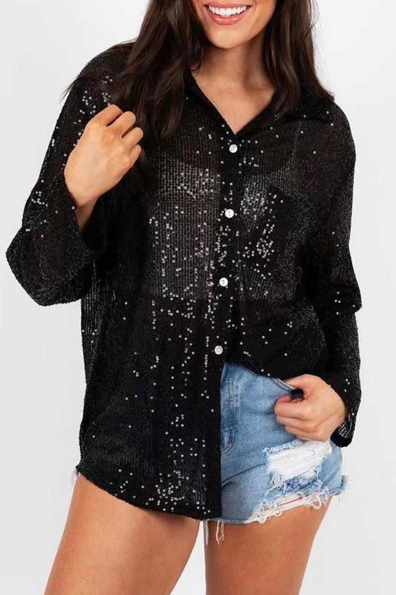 Casual Solid Sequins Turndown Collar Tops - Fashionpara