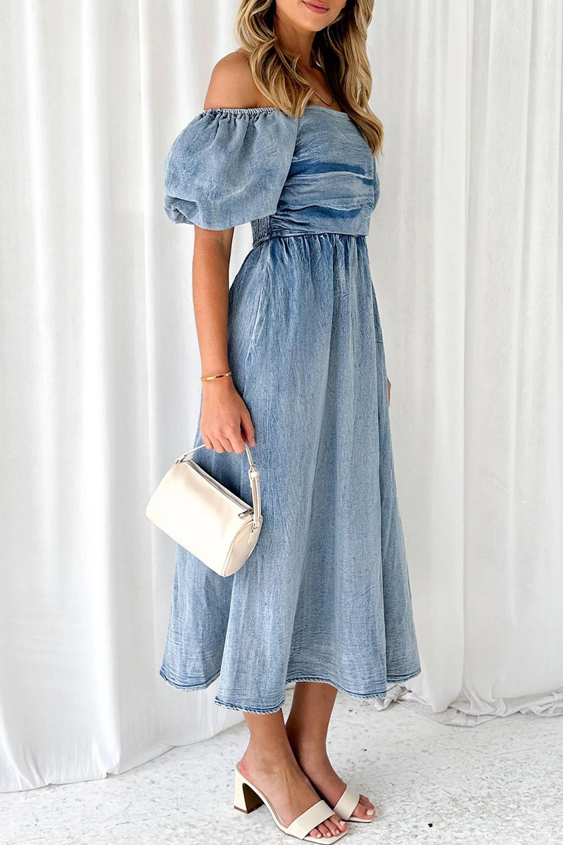 Elegant Solid Fold Off the Shoulder Short Sleeve Denim Dresses - Fashionpara