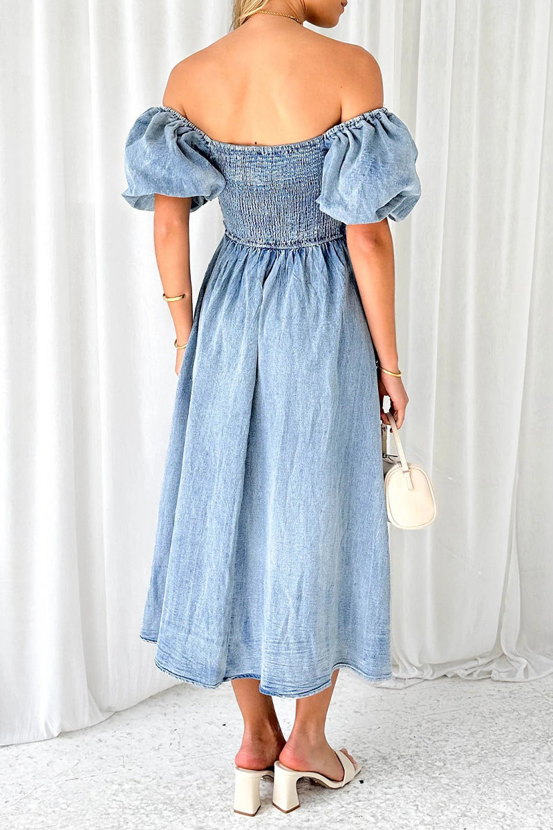 Elegant Solid Fold Off the Shoulder Short Sleeve Denim Dresses - Fashionpara