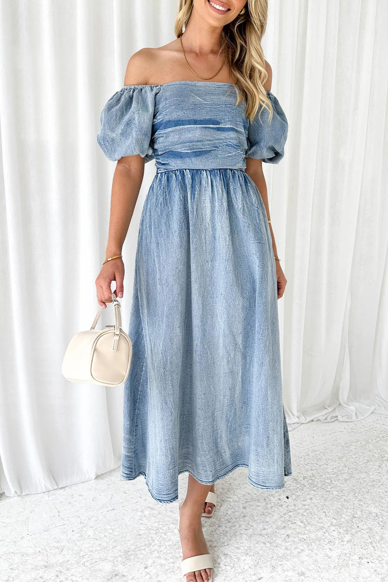 Elegant Solid Fold Off the Shoulder Short Sleeve Denim Dresses - Fashionpara