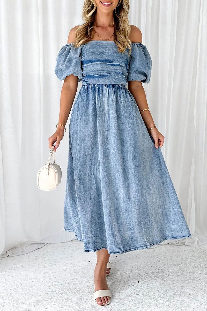 Elegant Solid Fold Off the Shoulder Short Sleeve Denim Dresses - Fashionpara