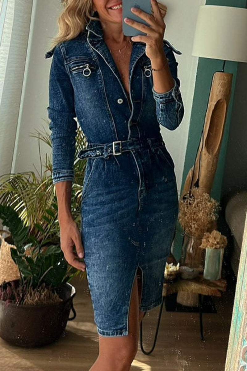 Casual Vintage Solid Make Old Turndown Collar Long Sleeve Regular Denim Dresses - Fashionpara