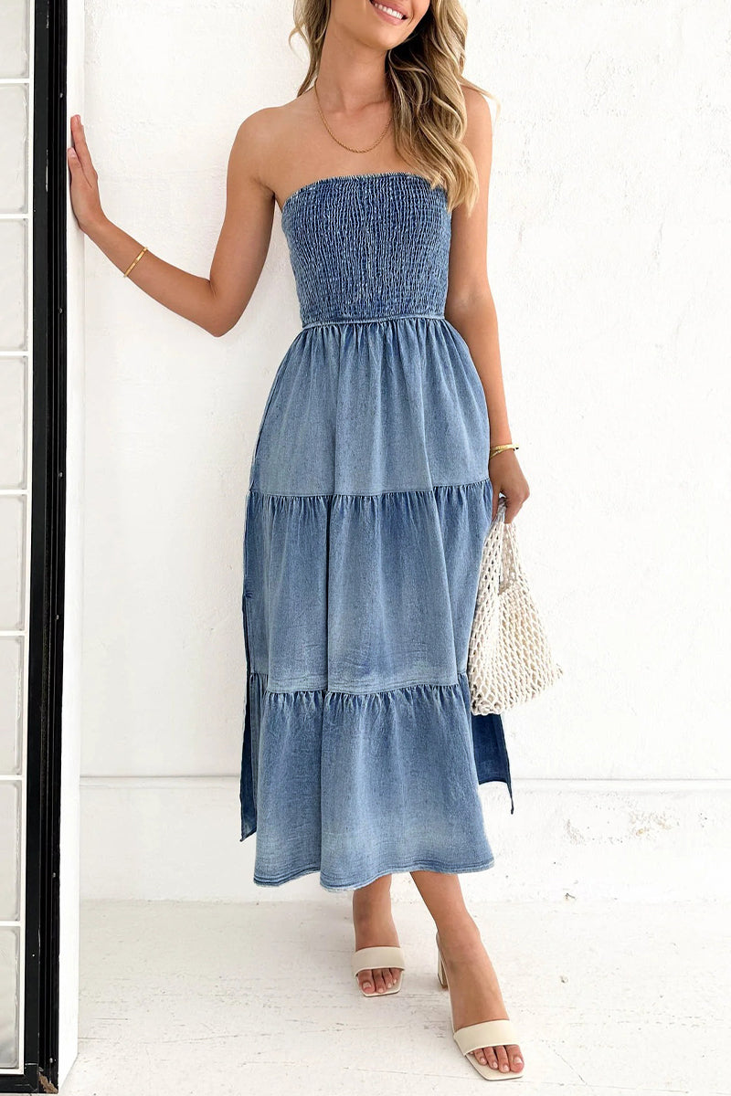 Gradual Change Pocket Slit Strapless Sleeveless Denim Dresses - Fashionpara