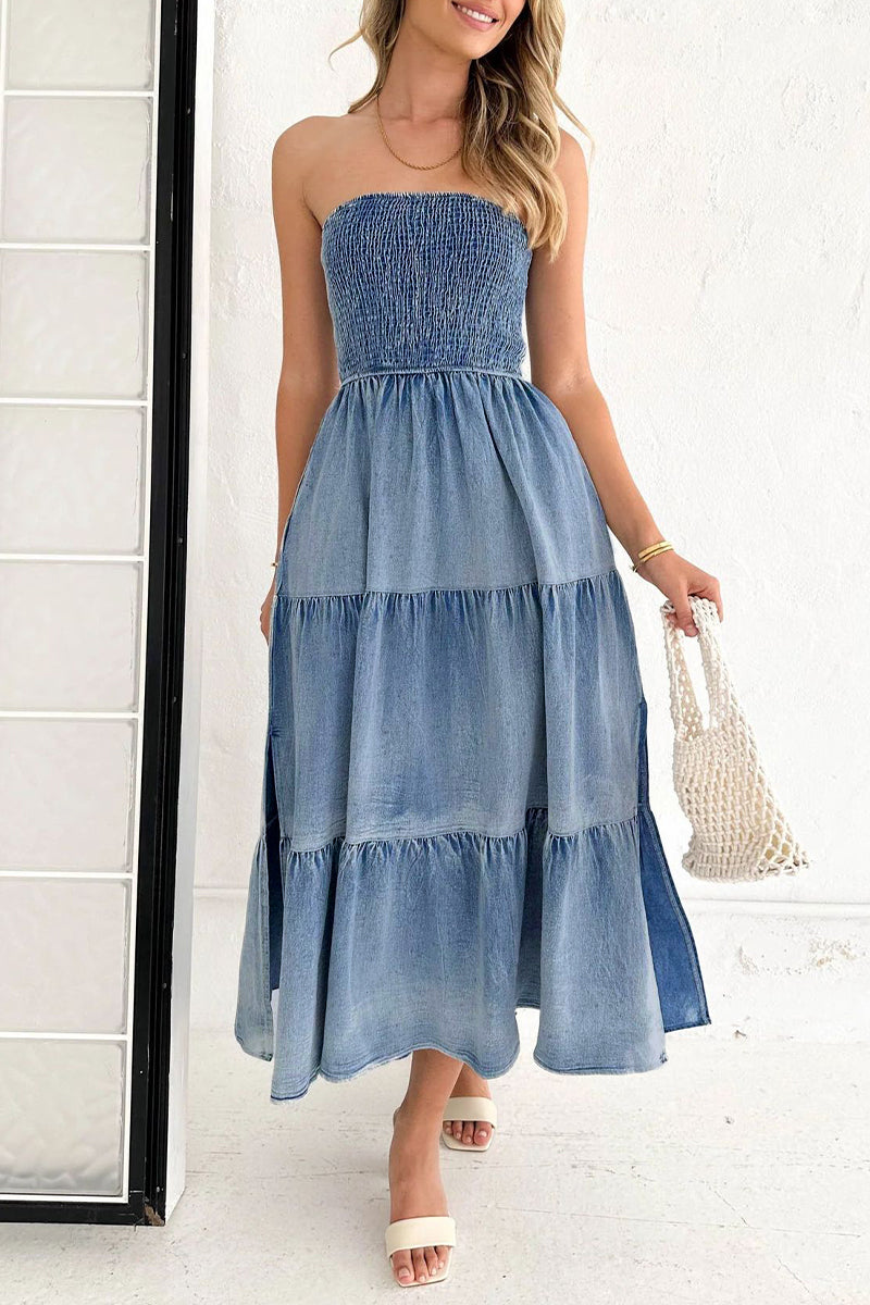 Gradual Change Pocket Slit Strapless Sleeveless Denim Dresses - Fashionpara