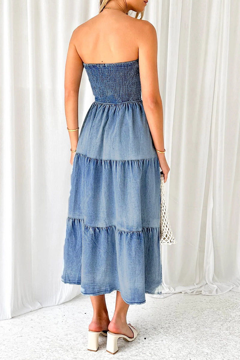 Gradual Change Pocket Slit Strapless Sleeveless Denim Dresses - Fashionpara