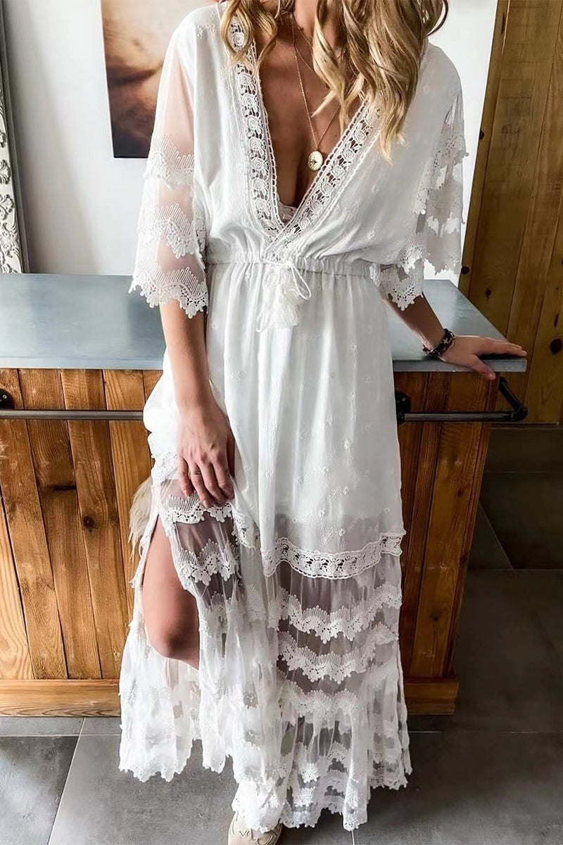 Sexy Vacation Solid Lace Tassel V Neck A Line Dresses - Fashionpara