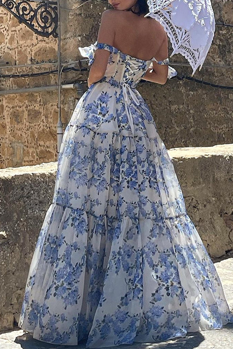 Elegant Formal Print Flowers Bandage Off the Shoulder Princess Dresses - Fashionpara