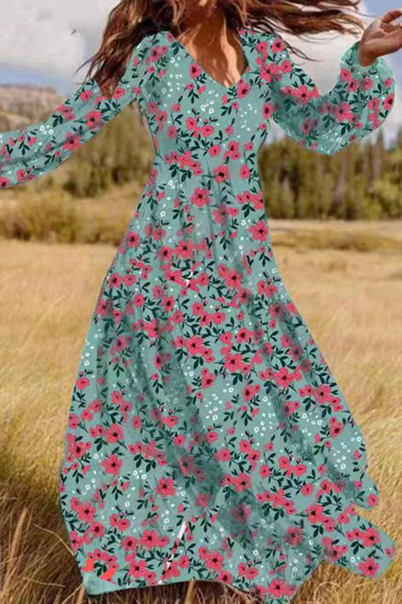 Elegant Floral Patchwork V Neck Printed Dress Dresses - Fashionpara