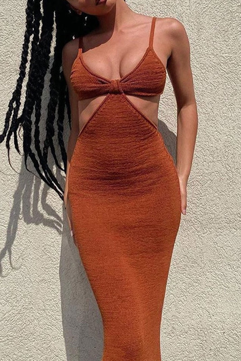 Sexy Vacation Solid Backless V Neck Wrapped Skirt Dresses - Fashionpara