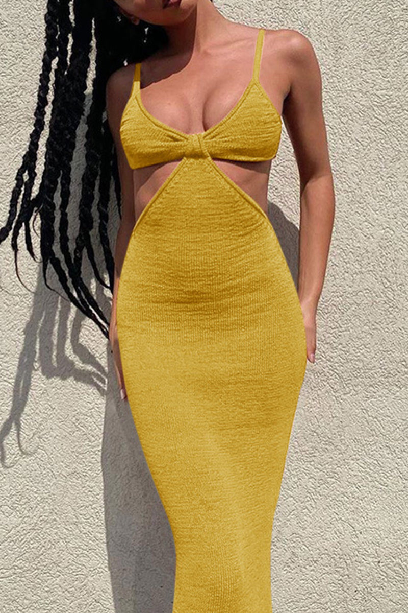 Sexy Vacation Solid Backless V Neck Wrapped Skirt Dresses - Fashionpara