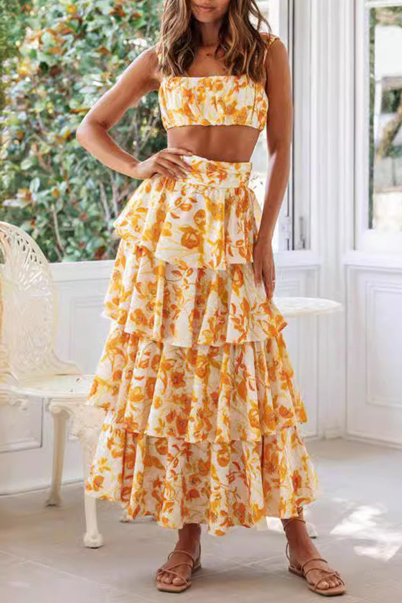 Sexy Vacation Floral Backless Flounce Strapless Sleeveless Two Pieces - Fashionpara