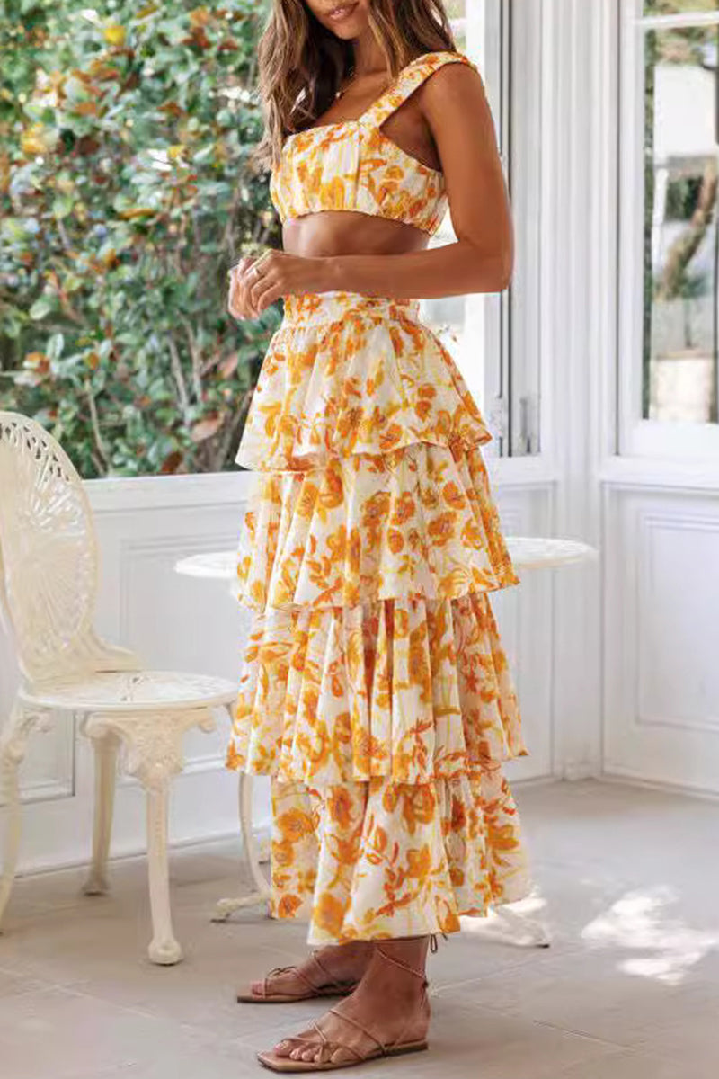 Sexy Vacation Floral Backless Flounce Strapless Sleeveless Two Pieces - Fashionpara