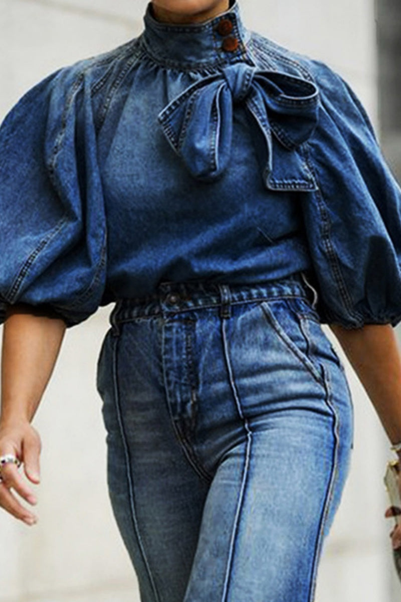 Casual Solid Patchwork With Bow Turtleneck Half Sleeve Regular Denim Tops