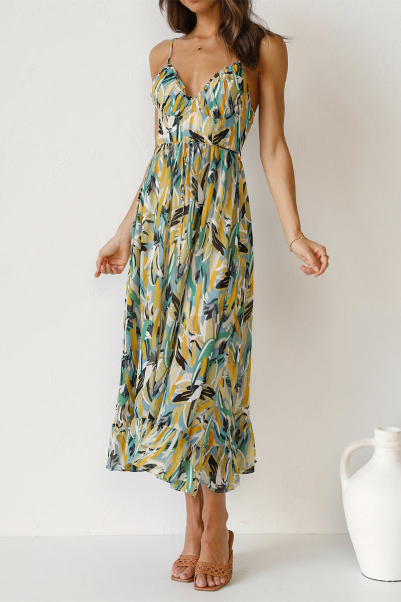 Elegant Vacation Color Lump Print Backless Flounce V Neck Sling Dress Dresses