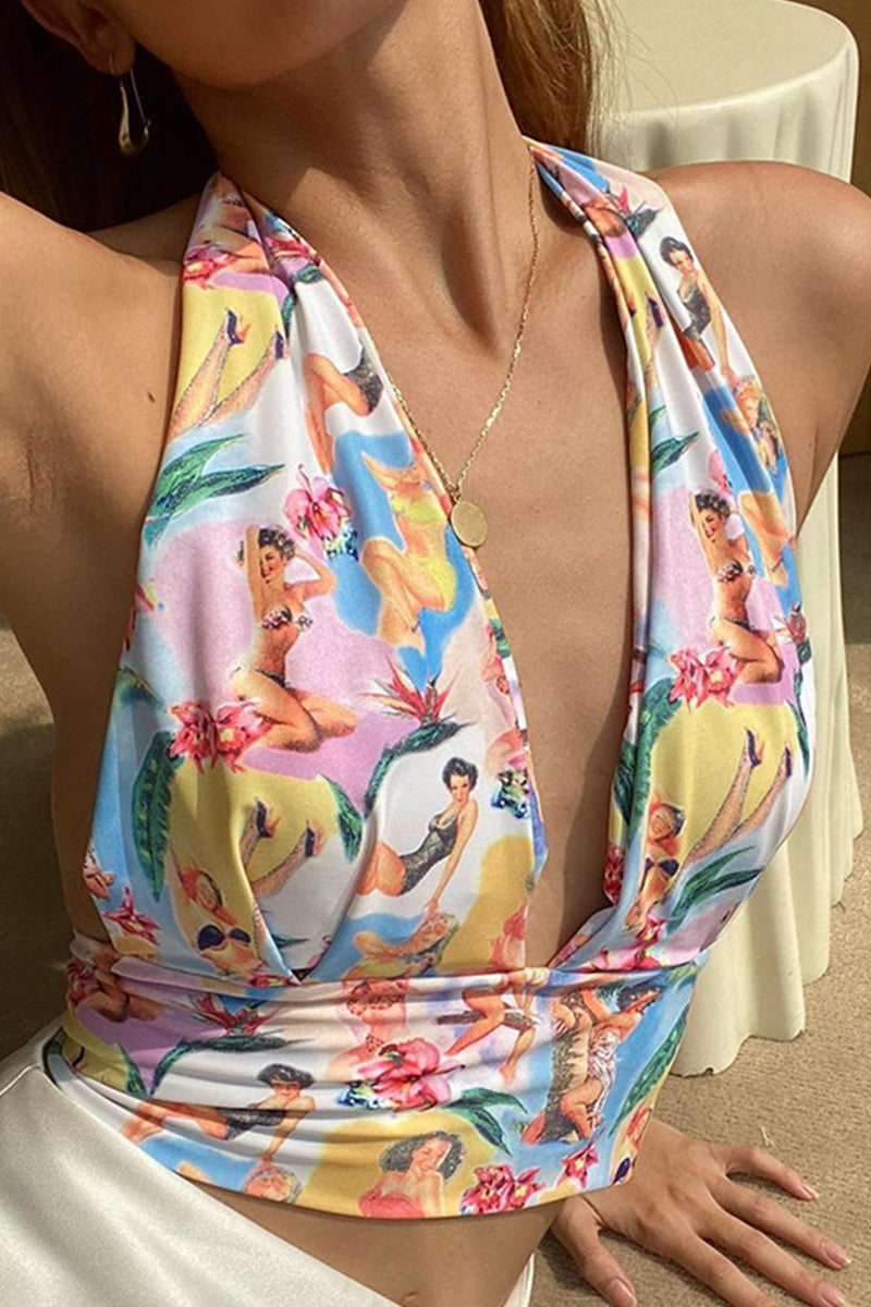 Sexy Vacation Character Print Bandage Halter Tops - Fashionpara