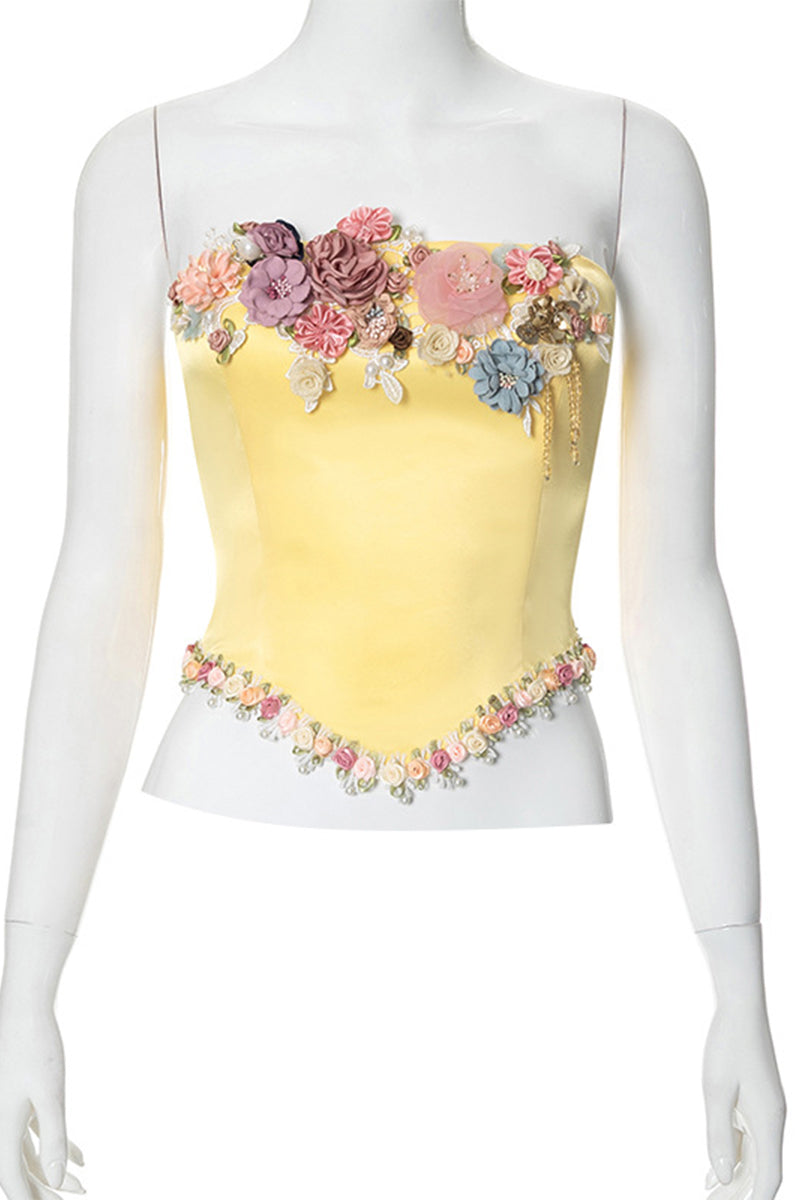 Flowers Patchwork Zipper Strapless Tops