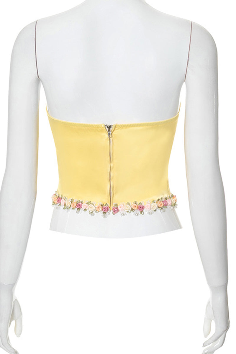 Flowers Patchwork Zipper Strapless Tops