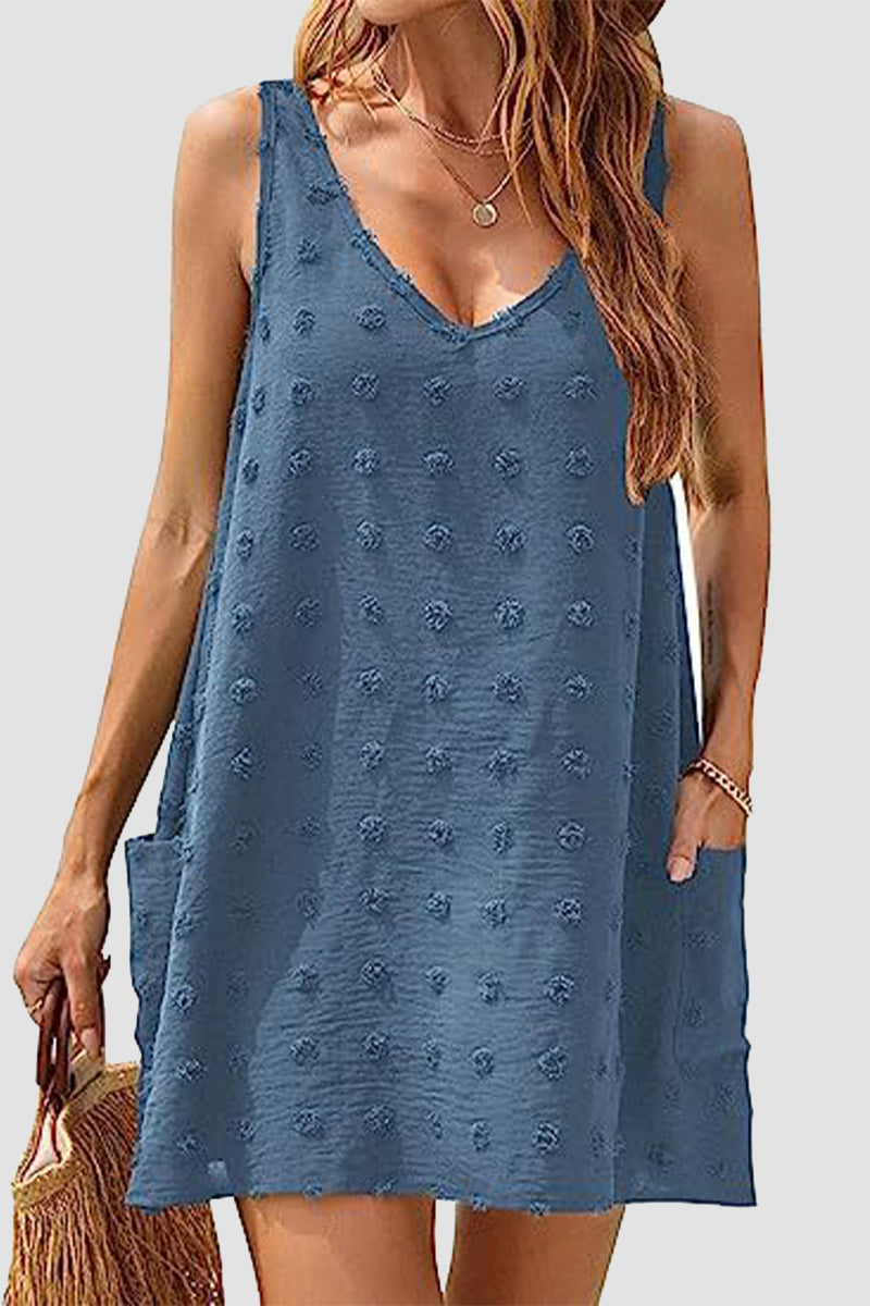 Casual Vacation Solid Jacquard Pocket Fur Ball V Neck Beach Dresses - Fashionpara