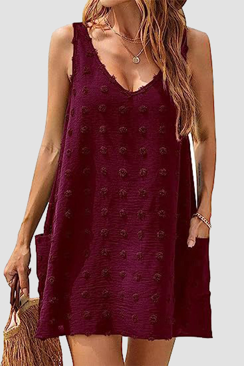 Casual Vacation Solid Jacquard Pocket Fur Ball V Neck Beach Dresses - Fashionpara