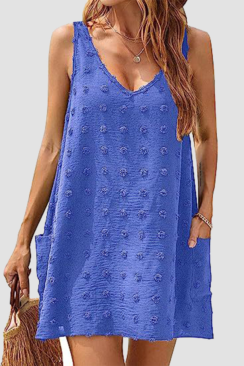 Casual Vacation Solid Jacquard Pocket Fur Ball V Neck Beach Dresses - Fashionpara