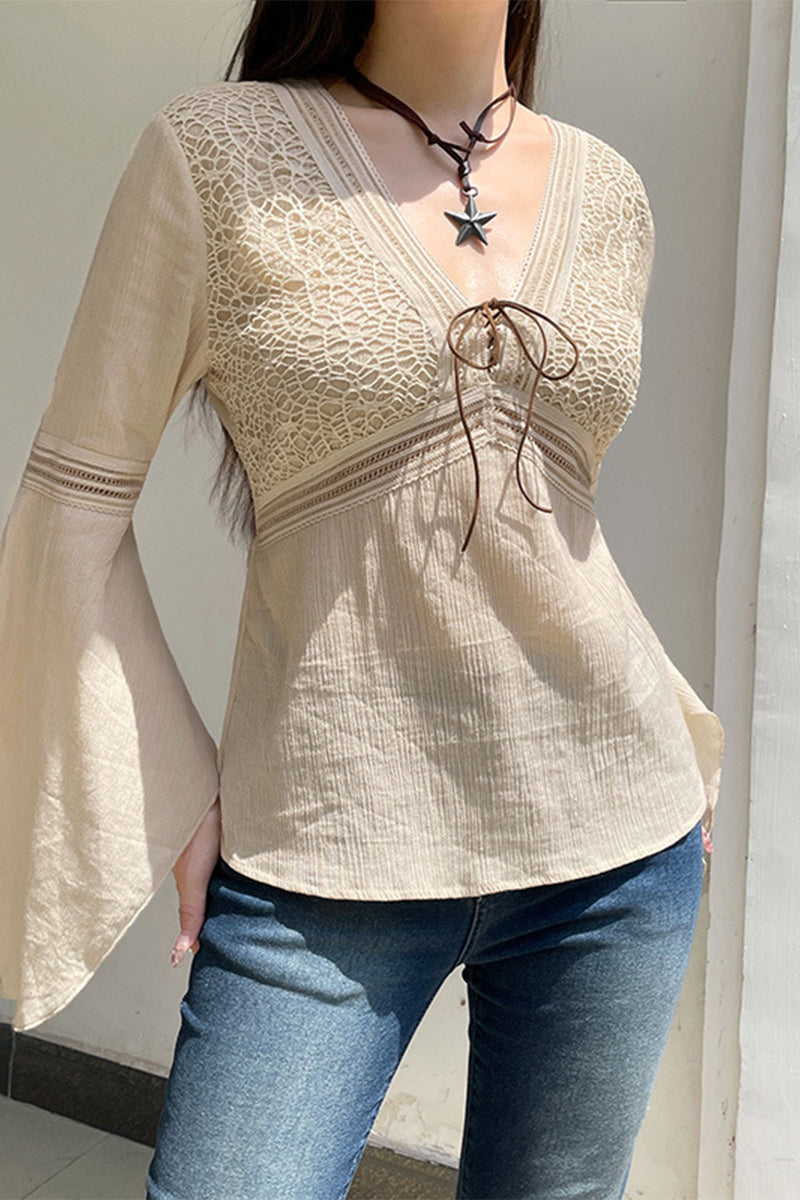 Elegant Solid Patchwork Frenulum V Neck Tops