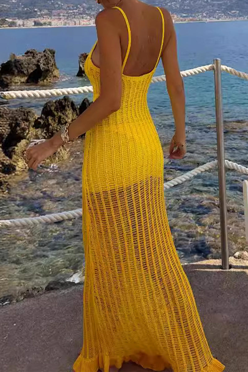 Sexy Vacation Solid Hollowed Out U Neck Sling Dresses - Fashionpara