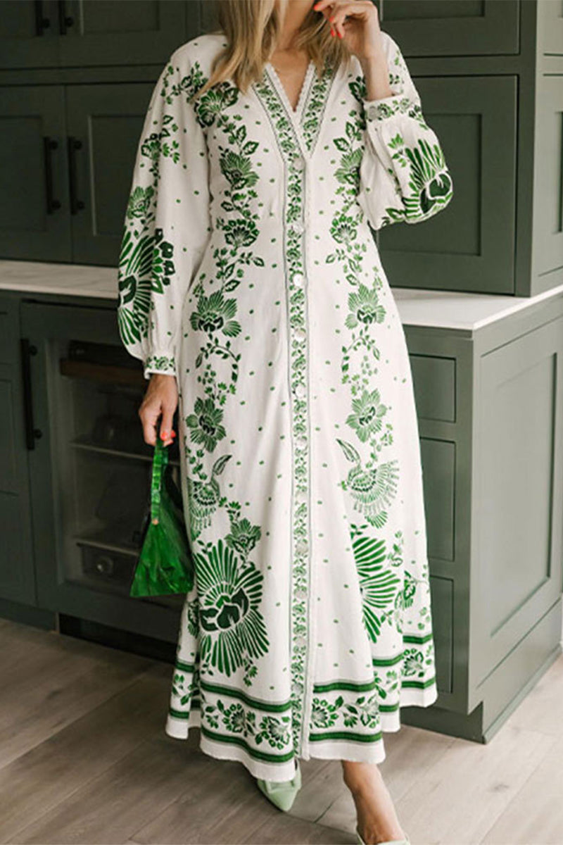 Casual Vacation Floral Print Buckle V Neck Long Sleeve Dresses