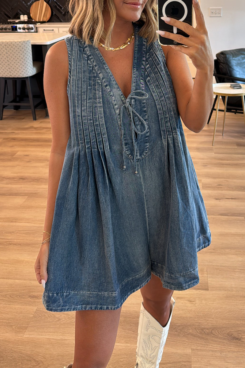 Casual Daily Solid Color Distressed Lace Up V Neck Sleeveless Loose Denim Jumpsuits - Fashionpara