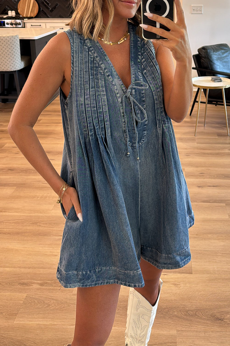 Casual Daily Solid Color Distressed Lace Up V Neck Sleeveless Loose Denim Jumpsuits - Fashionpara