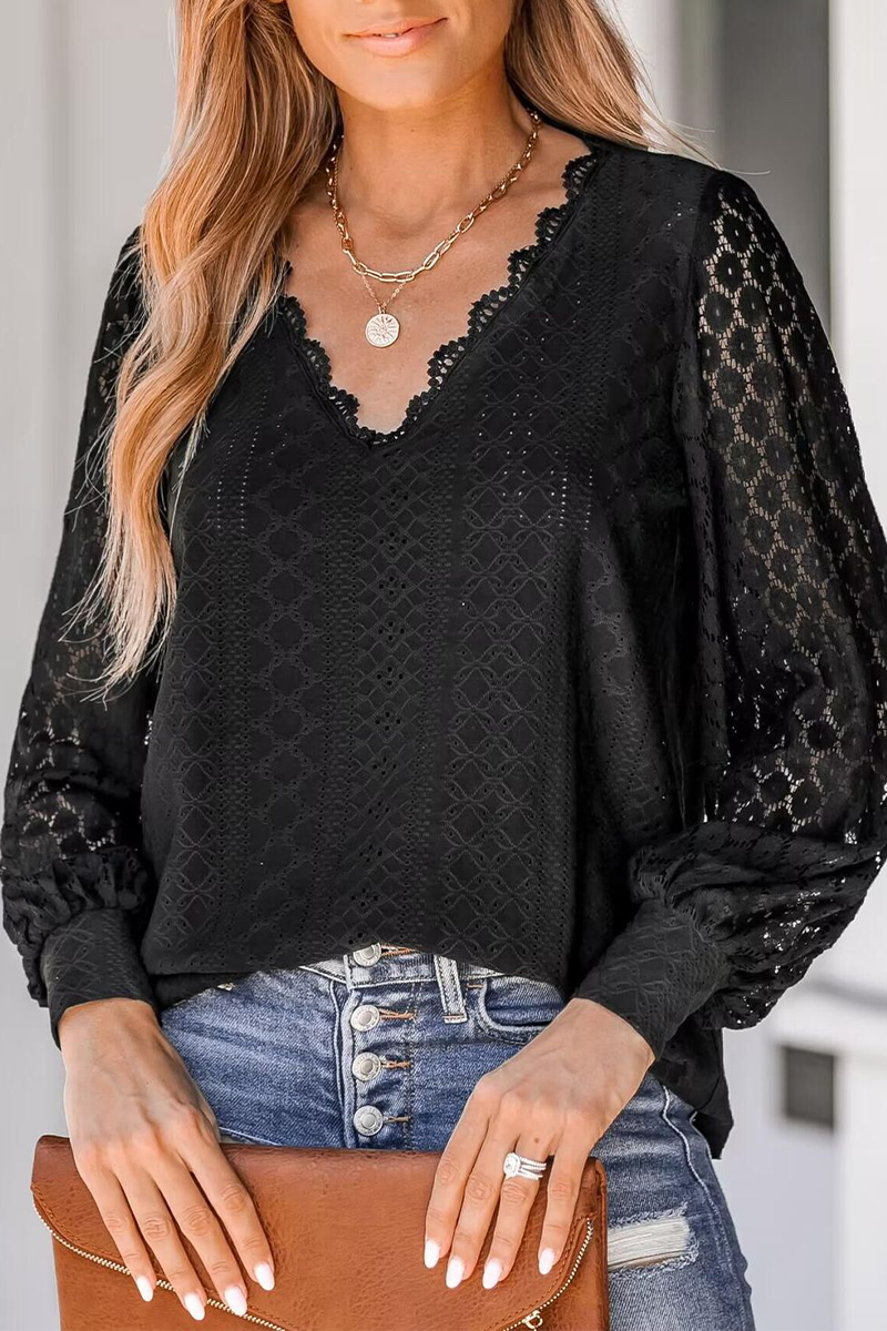 Casual Street Solid Color Lace V Neck Blouses