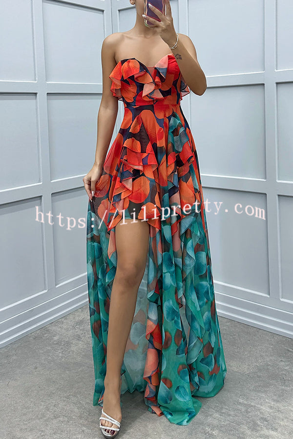 Loving Moment Gradient Unique Print Flowing Layered Ruffles Strapless Slit Maxi Dress - Fashionpara