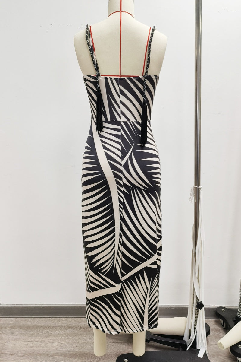 Casual Print Hollow Out Backless Slit Spaghetti Strap Long Dresses