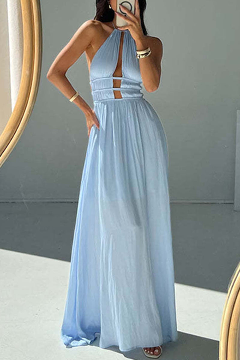 Casual Vacation Hollow Out Backless Halter Long Dresses