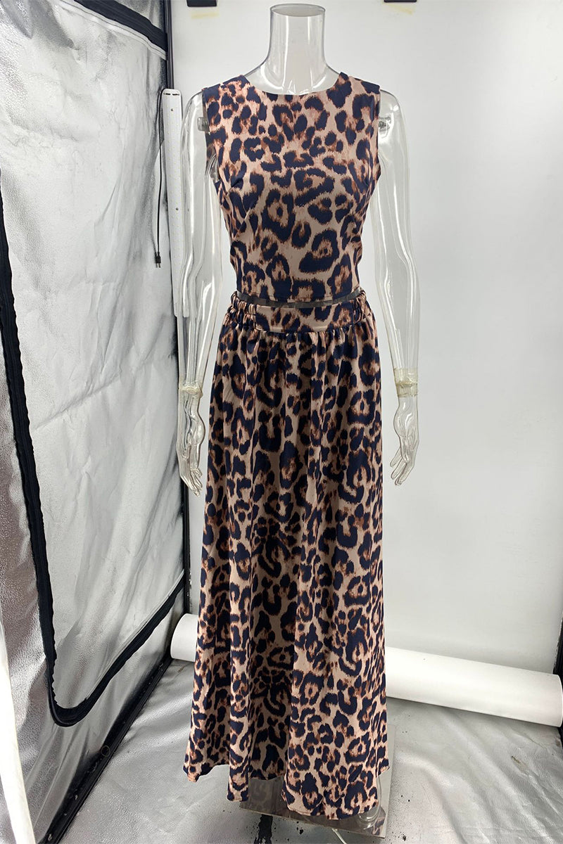 Casual Vacation Leopard Backless Contrast O Neck Sleeveless Two Pieces