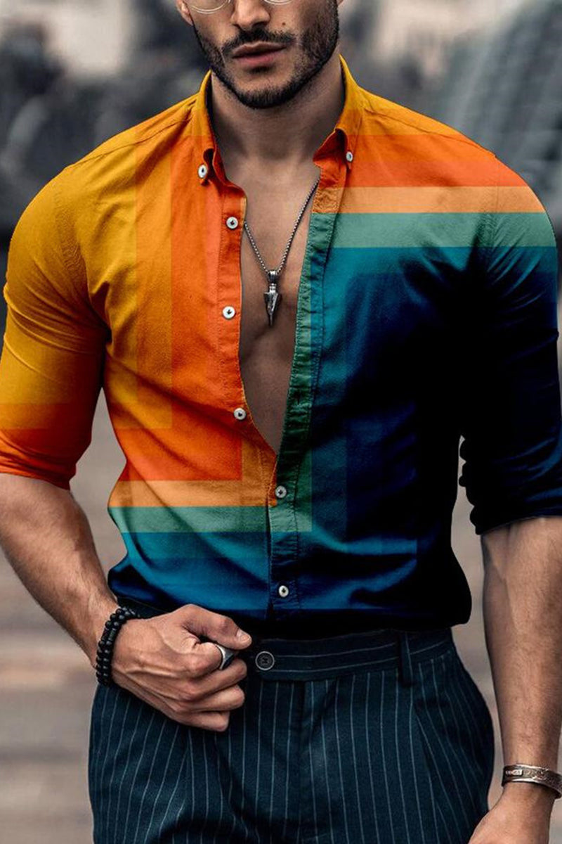 Rainbow Stripe Print Long Sleeve Casual Shirt