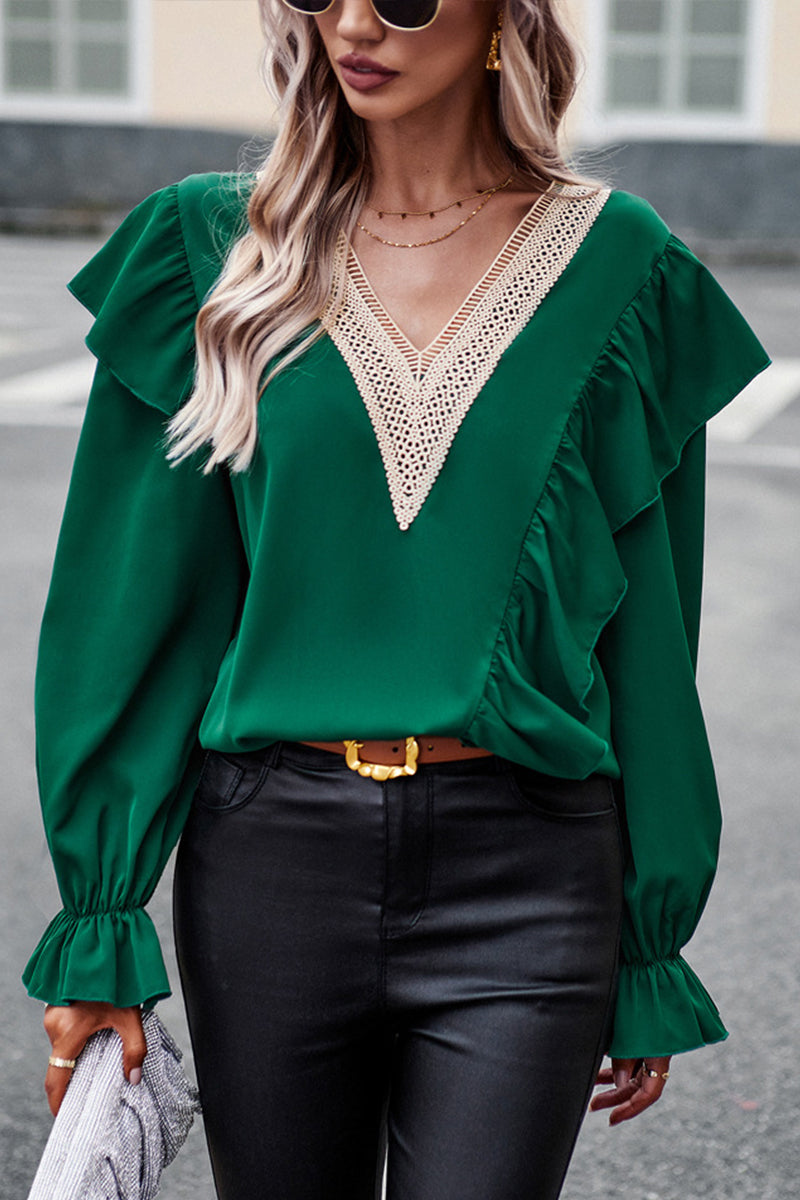 V-neck Lace Ruffle Sleeve Top