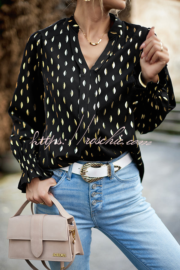 Printed V Neck Pullover Long Sleeved Shirt