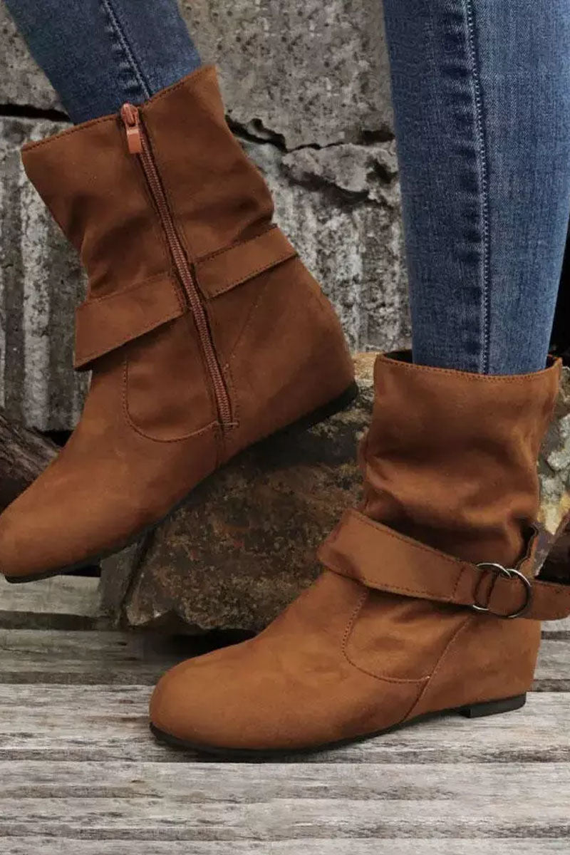 Zipper Buckle Strap Round Toe Boots