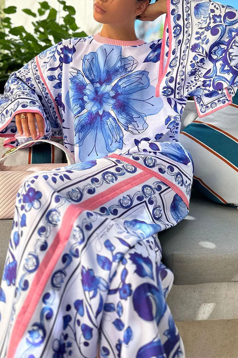 Seductive blue floral print two-piece set